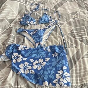 SHEIN Blue and White Floral Triangle Bikini Set with Skirt